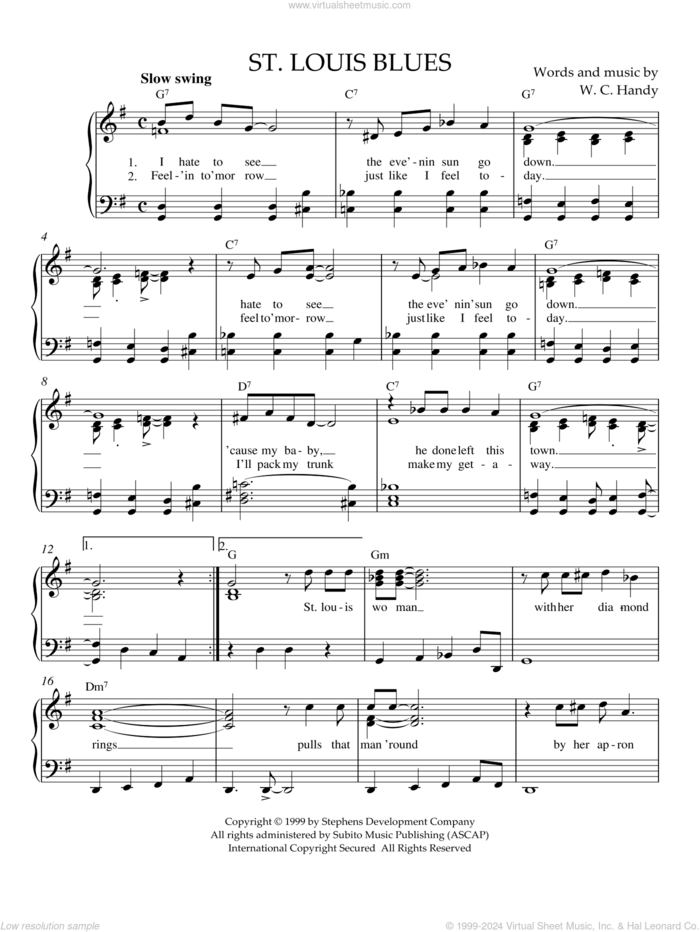 St. Louis Blues sheet music for piano solo by W.C. Handy, Bessie Smith and Louis Armstrong, easy skill level