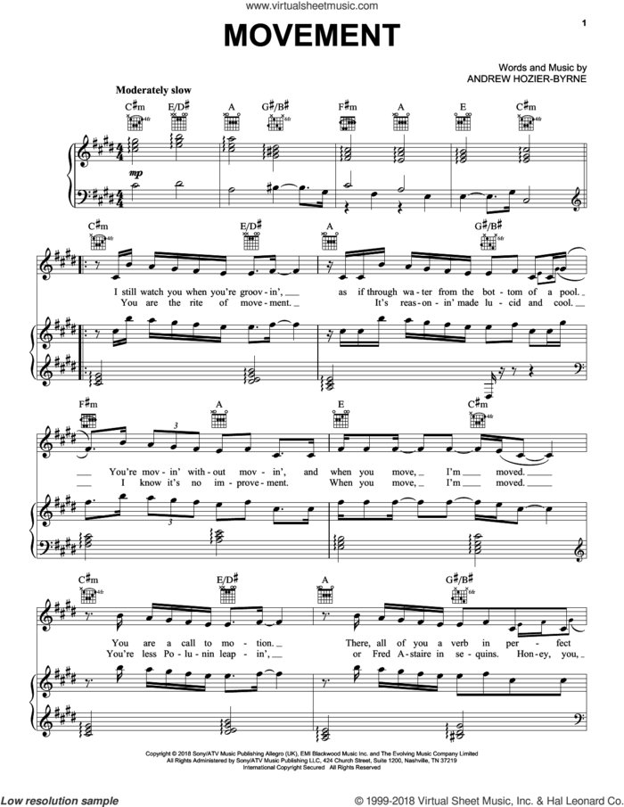 Movement sheet music for voice, piano or guitar by Hozier and Andrew Hozier-Byrne, intermediate skill level