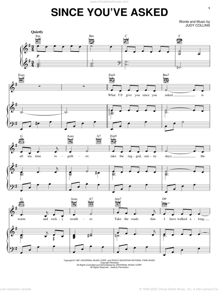 Since You've Asked sheet music for voice, piano or guitar by Judy Collins, intermediate skill level