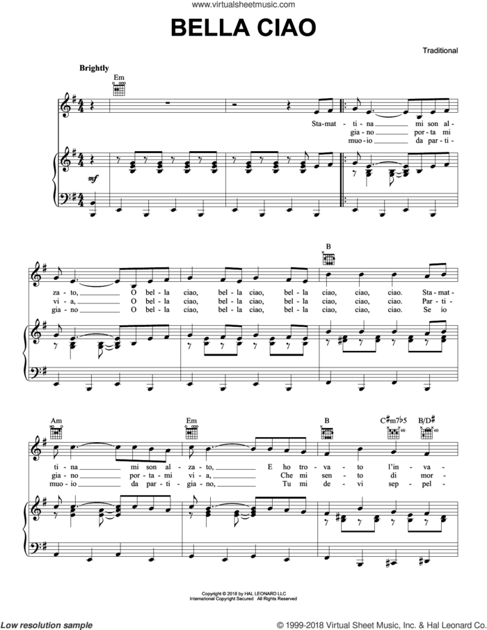 Bella Ciao sheet music for voice, piano or guitar, intermediate skill level