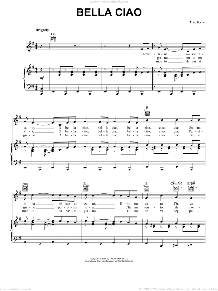 Bella Ciao sheet music for voice, piano or guitar, intermediate skill level