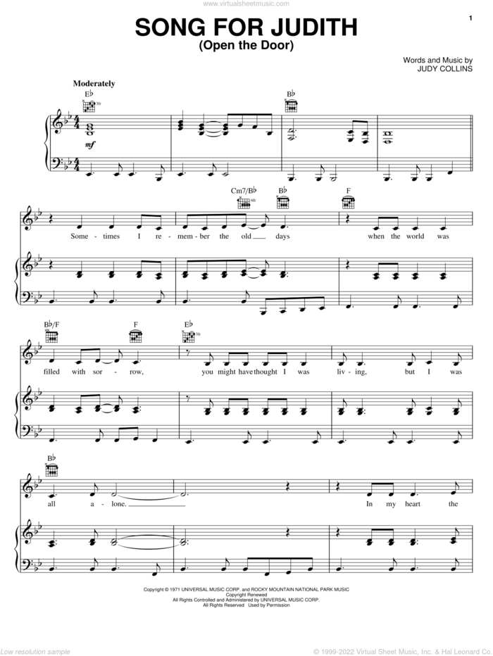 Song For Judith (Open The Door) sheet music for voice, piano or guitar by Judy Collins, intermediate skill level