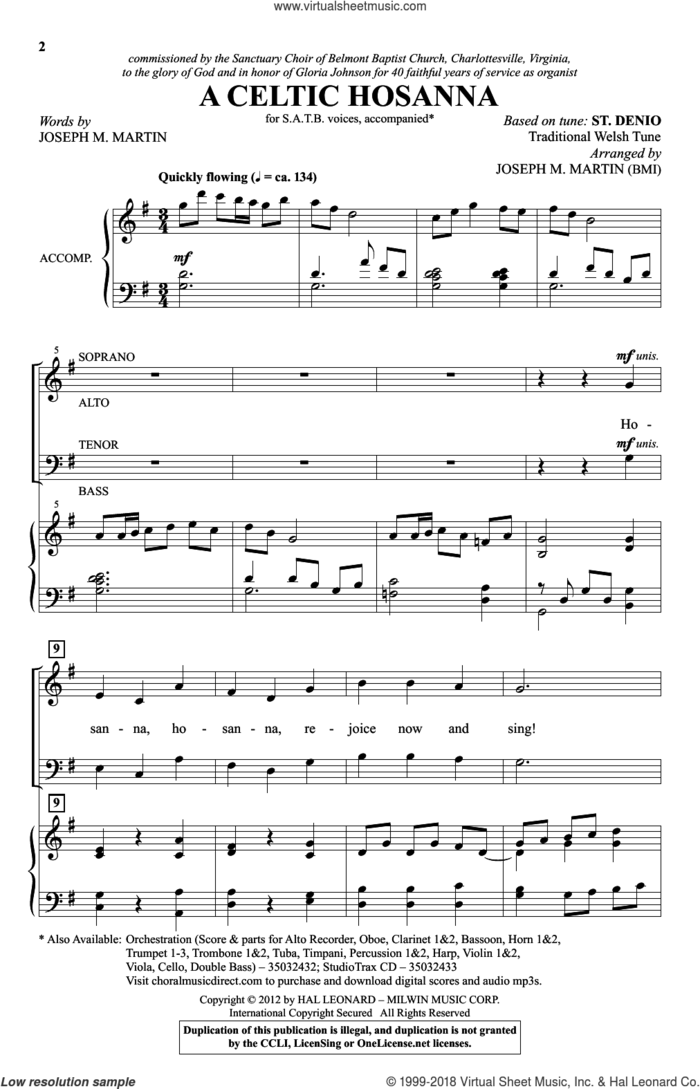 A Celtic Hosanna sheet music for choir (SATB: soprano, alto, tenor, bass) by Joseph M. Martin and Traditional Welsh Tune, intermediate skill level