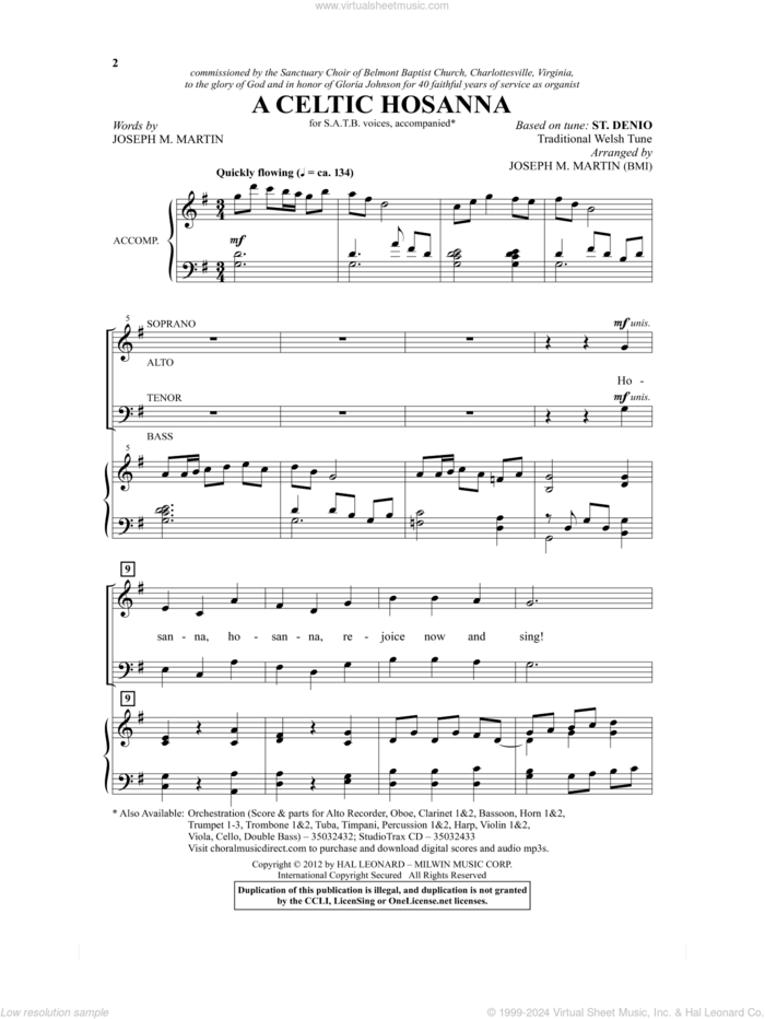 A Celtic Hosanna sheet music for choir (SATB: soprano, alto, tenor, bass) by Joseph M. Martin and Traditional Welsh Tune, intermediate skill level