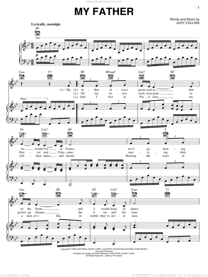 My Father sheet music for voice, piano or guitar by Judy Collins, intermediate skill level