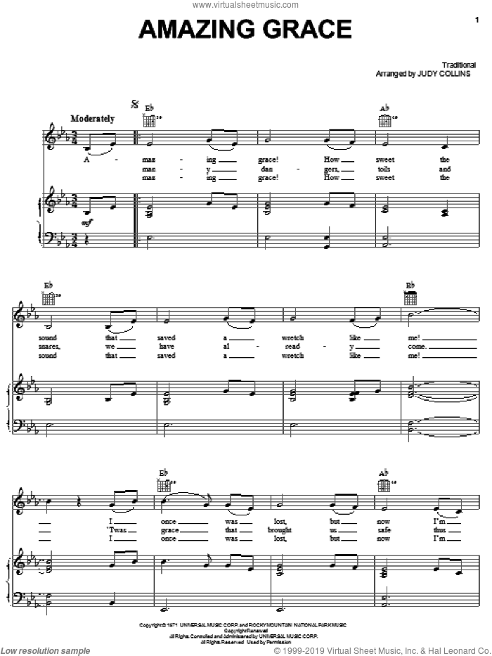 Amazing Grace sheet music for voice, piano or guitar by Judy Collins and Miscellaneous, intermediate skill level