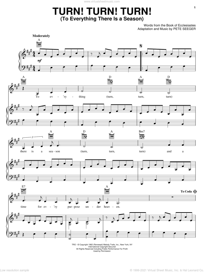 Turn! Turn! Turn! (To Everything There Is A Season) sheet music for voice, piano or guitar by Judy Collins, The Byrds and Pete Seeger, intermediate skill level
