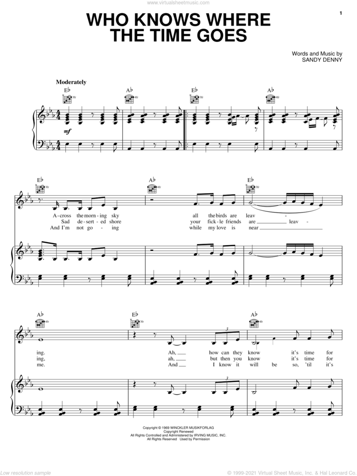 Who Knows Where The Time Goes sheet music for voice, piano or guitar by Judy Collins, Eva Cassidy and Sandy Denny, intermediate skill level