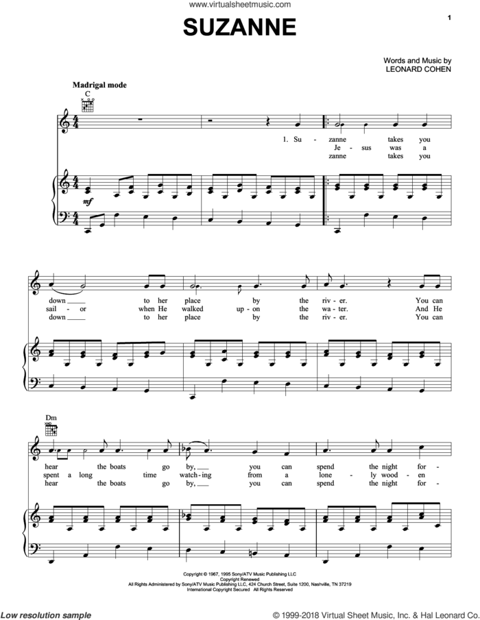Suzanne sheet music for voice, piano or guitar by Judy Collins and Leonard Cohen, intermediate skill level