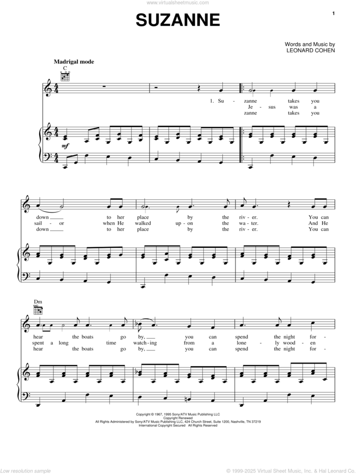 Suzanne sheet music for voice, piano or guitar by Judy Collins and Leonard Cohen, intermediate skill level