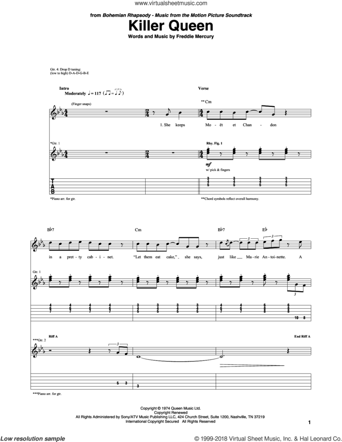 Killer Queen sheet music for guitar (tablature) by Queen and Freddie Mercury, intermediate skill level