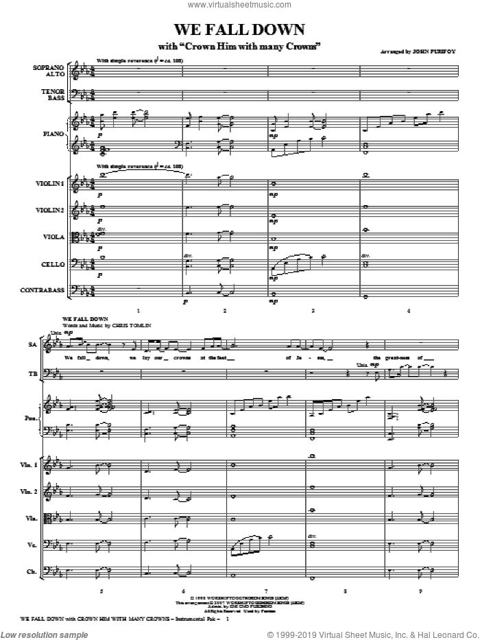 We Fall Down (with Crown Him With Many Crowns) (COMPLETE) sheet music for orchestra/band (chamber ensemble) by Chris Tomlin and John Purifoy, intermediate skill level
