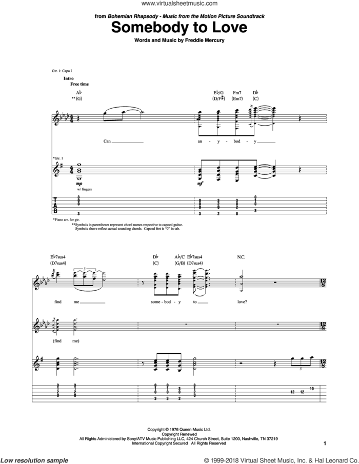 Somebody To Love sheet music for guitar (tablature) by Queen and Freddie Mercury, intermediate skill level