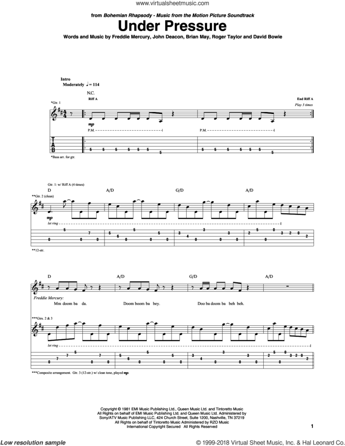 Under Pressure sheet music for guitar (tablature) by David Bowie & Queen, Queen, Brian May, David Bowie, Freddie Mercury, John Deacon and Roger Taylor, intermediate skill level