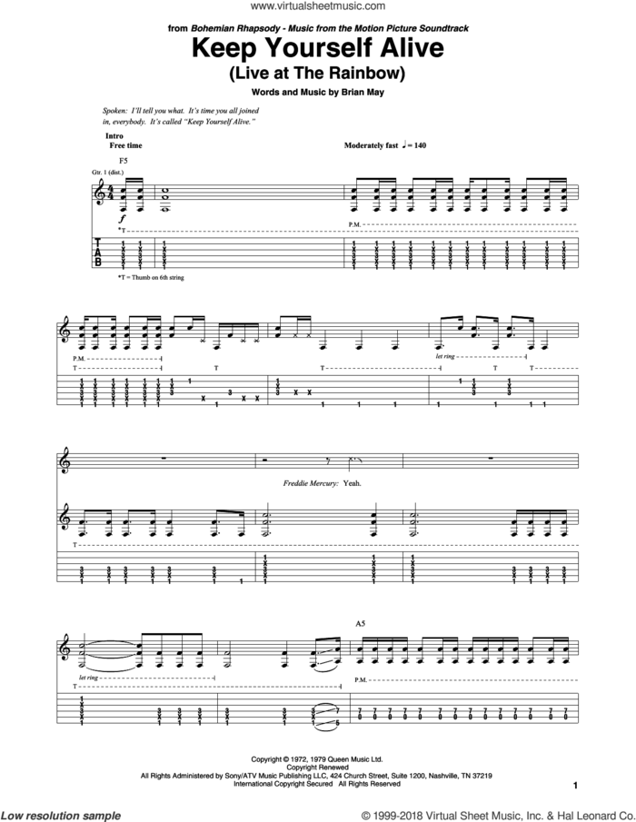 Keep Yourself Alive sheet music for guitar (tablature) by Queen and Brian May, intermediate skill level
