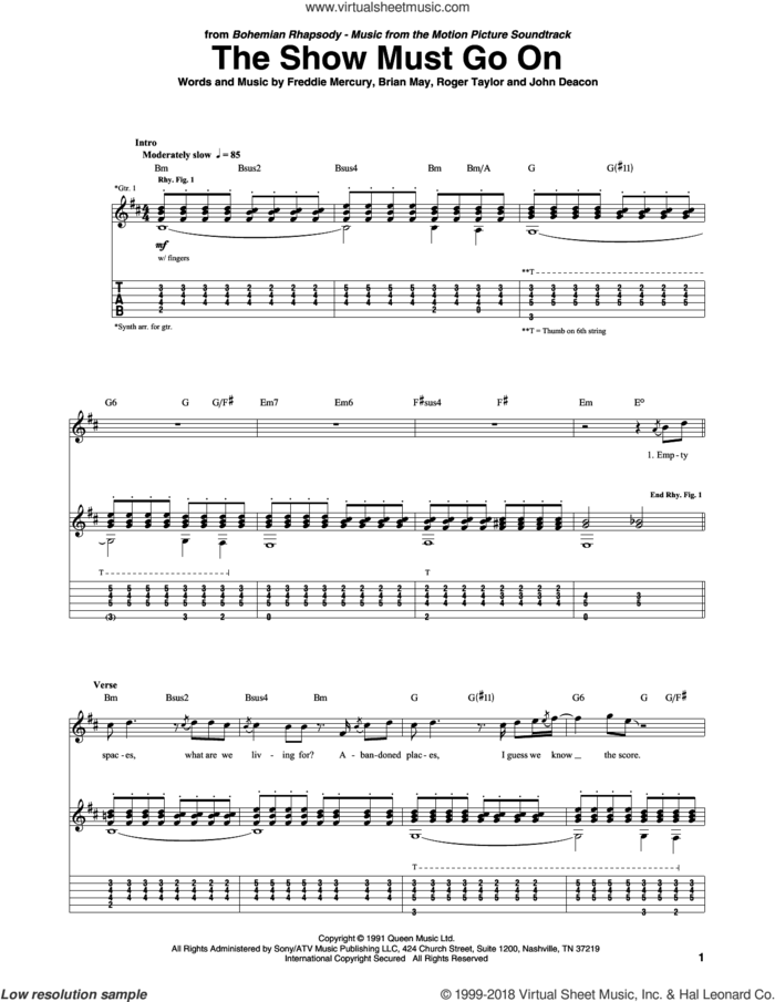 The Show Must Go On sheet music for guitar (tablature) by Queen, Brian May, Freddie Mercury, John Deacon and Roger Taylor, intermediate skill level