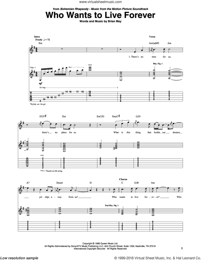 Who Wants To Live Forever sheet music for guitar (tablature) by Queen and Brian May, intermediate skill level