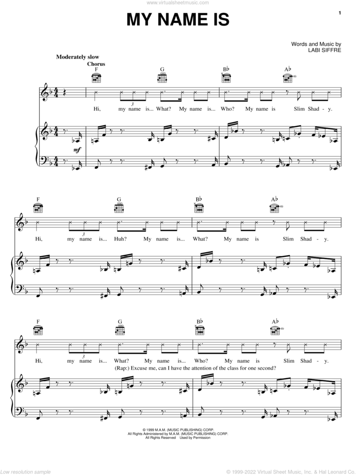 My Name Is sheet music for voice, piano or guitar by Eminem and Labi Siffre, intermediate skill level