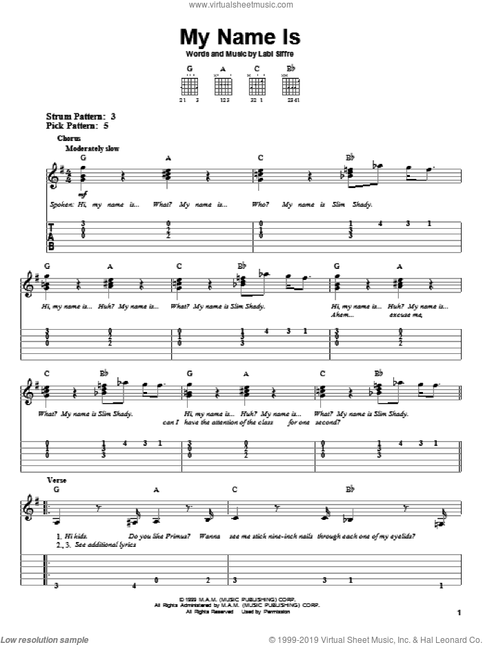 My Name Is sheet music for guitar solo (easy tablature) by Eminem and Labi Siffre, easy guitar (easy tablature)