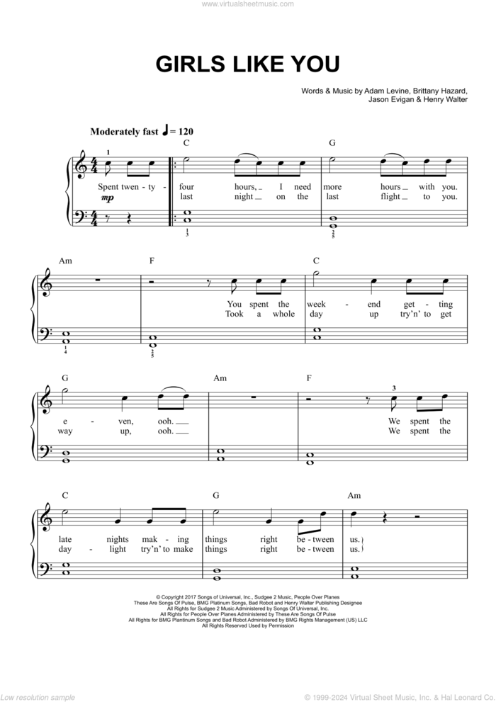 Girls Like You sheet music for piano solo by Maroon 5, Adam Levine, Brittany Hazzard, Henry Walter and Jason Evigan, easy skill level