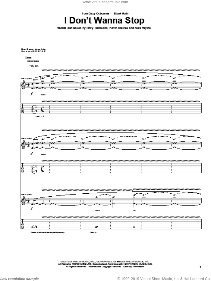 I Don't Wanna Stop sheet music for guitar (tablature) by Ozzy Osbourne, Kevin Churko and Zakk Wylde, intermediate skill level