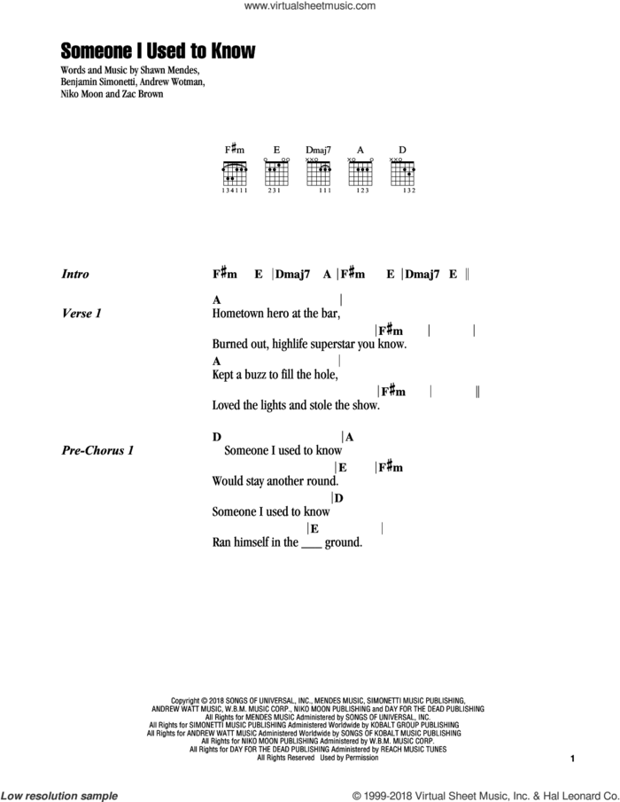 Someone I Used To Know sheet music for guitar (chords) by Zac Brown Band, Andrew Wott, Benjamin Simonetti, Niko Moon, Shawn Mendes and Zac Brown, intermediate skill level