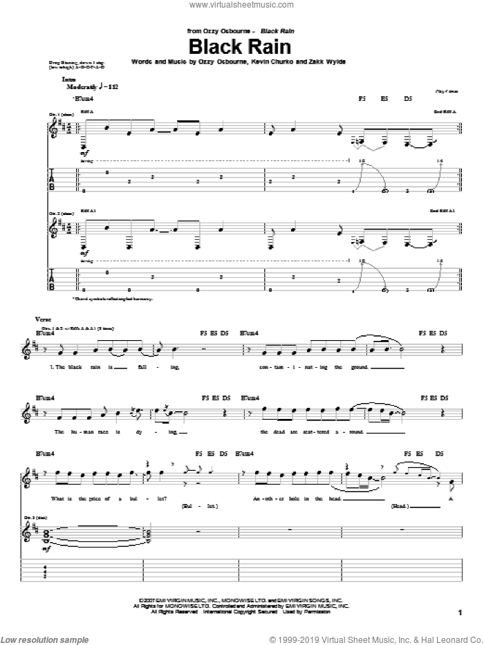 Black Rain sheet music for guitar (tablature) by Ozzy Osbourne, Kevin Churko and Zakk Wylde, intermediate skill level