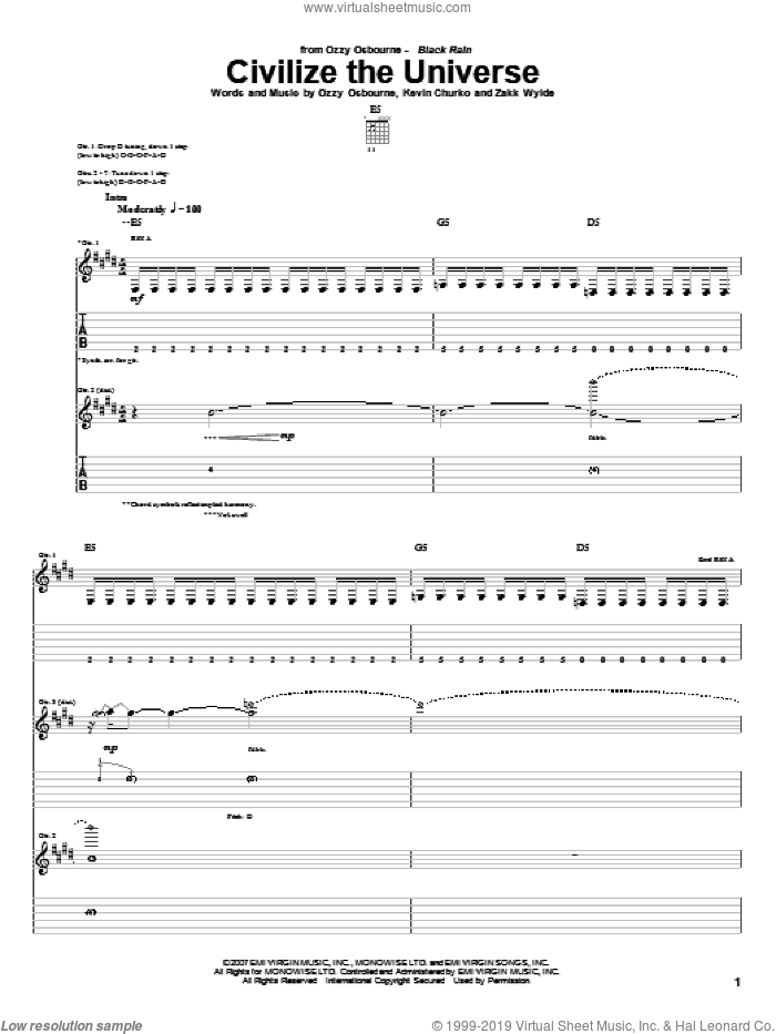 Civilize The Universe sheet music for guitar (tablature) by Ozzy Osbourne, Kevin Churko and Zakk Wylde, intermediate skill level