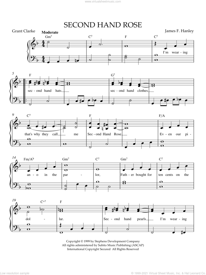 Second Hand Rose sheet music for piano solo by James Hanley, intermediate skill level