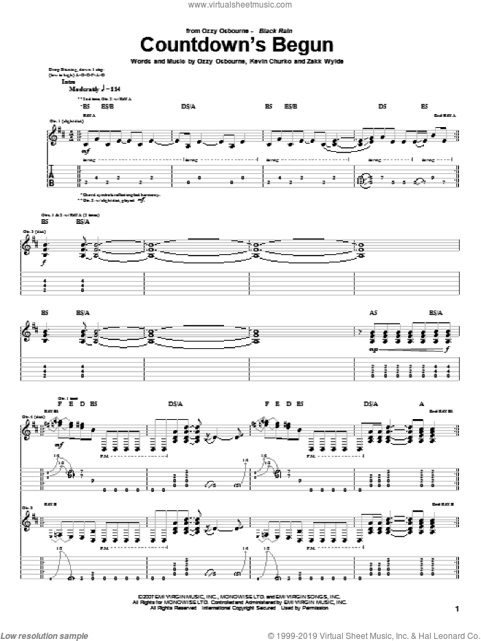Countdown's Begun sheet music for guitar (tablature) by Ozzy Osbourne, Kevin Churko and Zakk Wylde, intermediate skill level