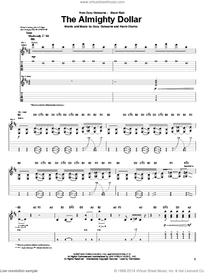 The Almighty Dollar sheet music for guitar (tablature) by Ozzy Osbourne and Kevin Churko, intermediate skill level