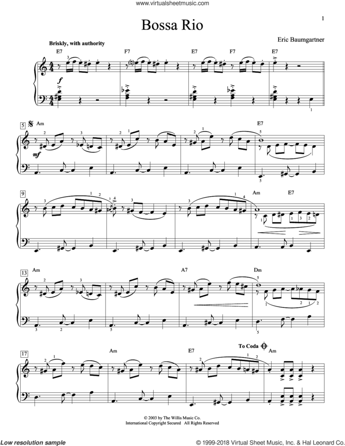 Bossa Rio sheet music for piano solo (elementary) by Eric Baumgartner, beginner piano (elementary)