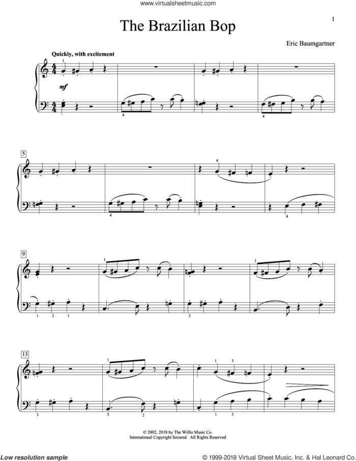 The Brazilian Bop sheet music for piano solo (elementary) by Eric Baumgartner, beginner piano (elementary)