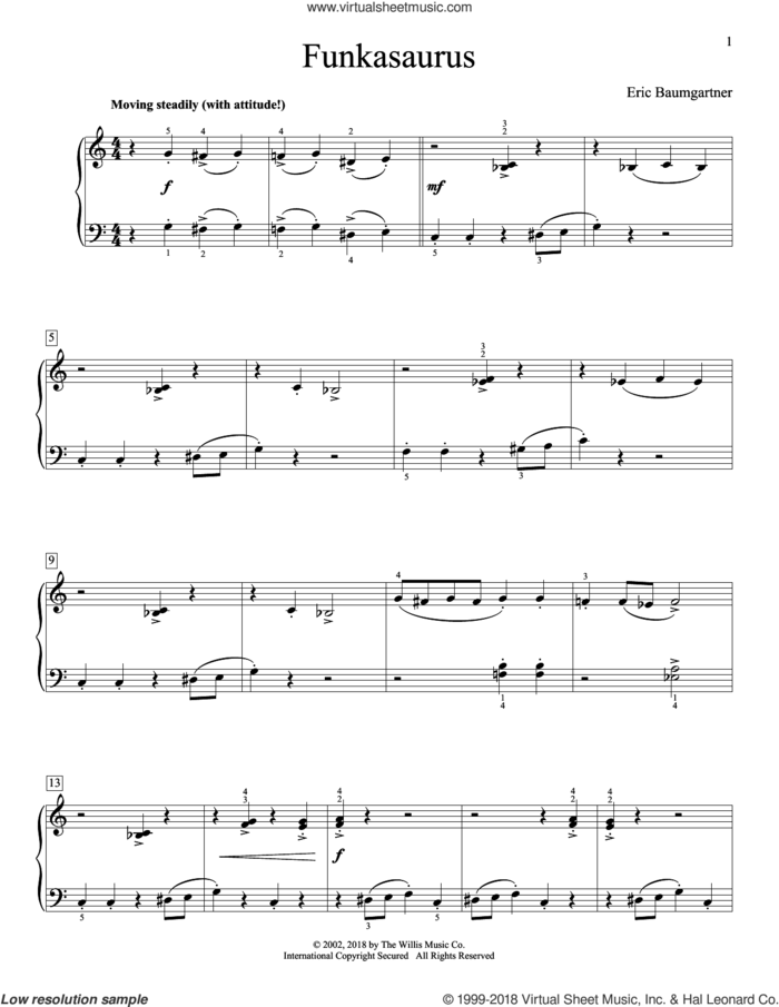 Funkasaurus sheet music for piano solo (elementary) by Eric Baumgartner, beginner piano (elementary)