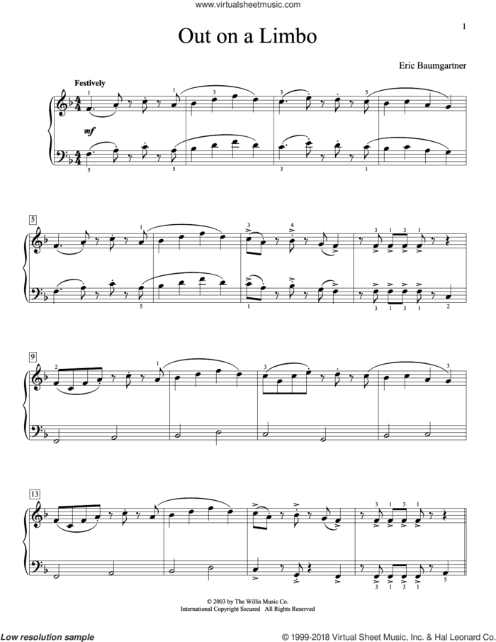Out On A Limbo sheet music for piano solo (elementary) by Eric Baumgartner, beginner piano (elementary)