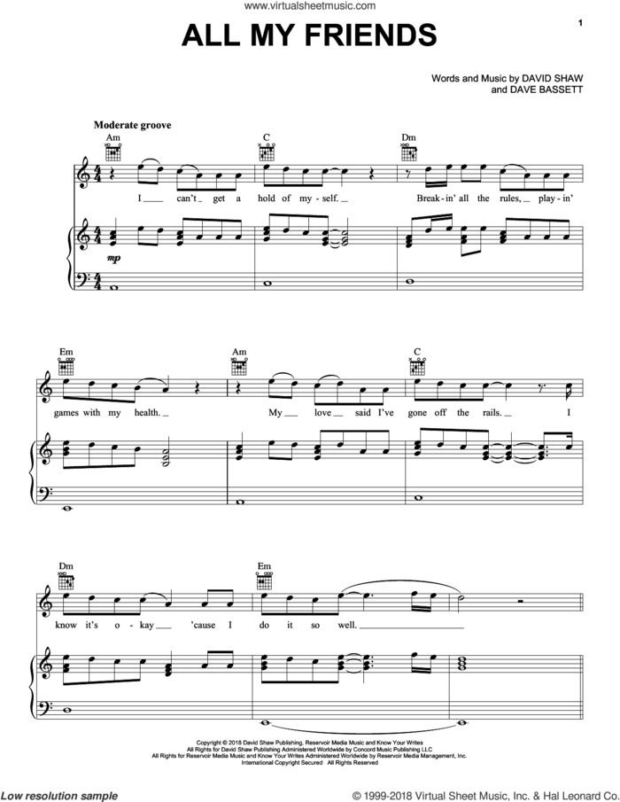 All My Friends sheet music for voice, piano or guitar by The Revivalists, Dave Bassett and David Shaw, intermediate skill level
