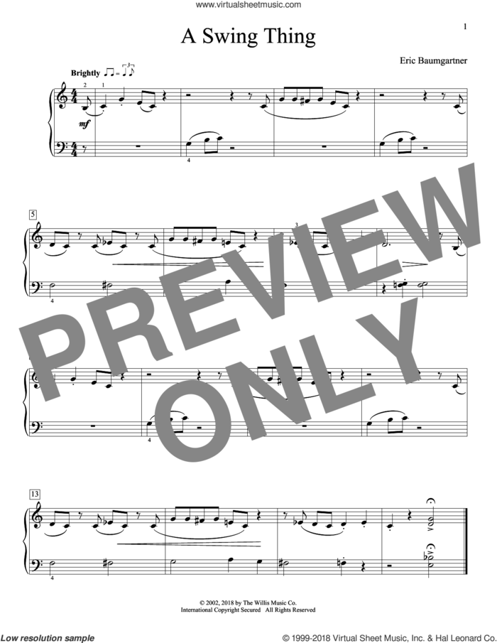 A Swing Thing sheet music for piano solo (elementary) by Eric Baumgartner, beginner piano (elementary)
