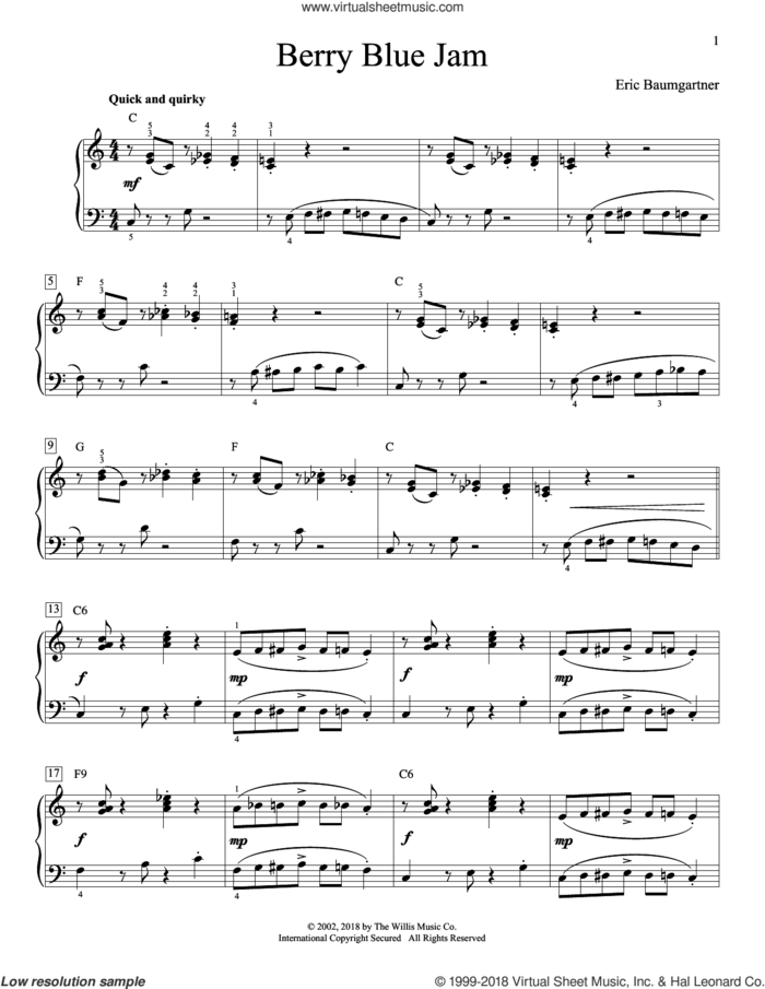 Berry Blue Jam sheet music for piano solo (elementary) by Eric Baumgartner, beginner piano (elementary)