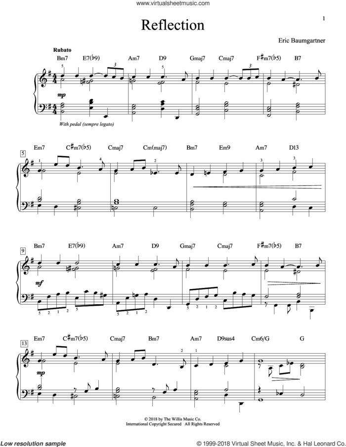 Reflection sheet music for piano solo (elementary) by Eric Baumgartner, beginner piano (elementary)