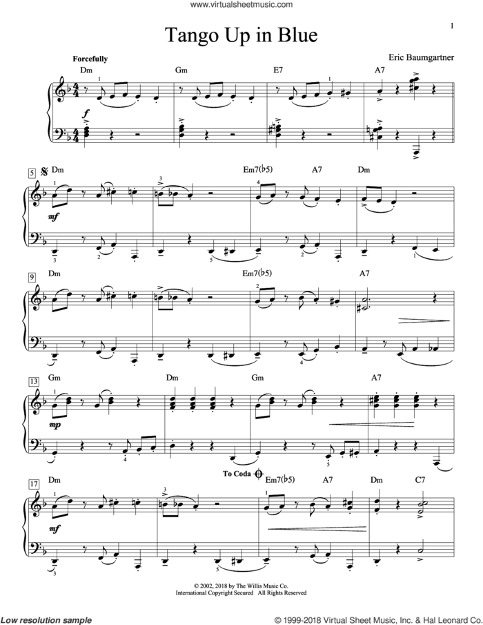 Tango Up In Blue sheet music for piano solo (elementary) by Eric Baumgartner, beginner piano (elementary)