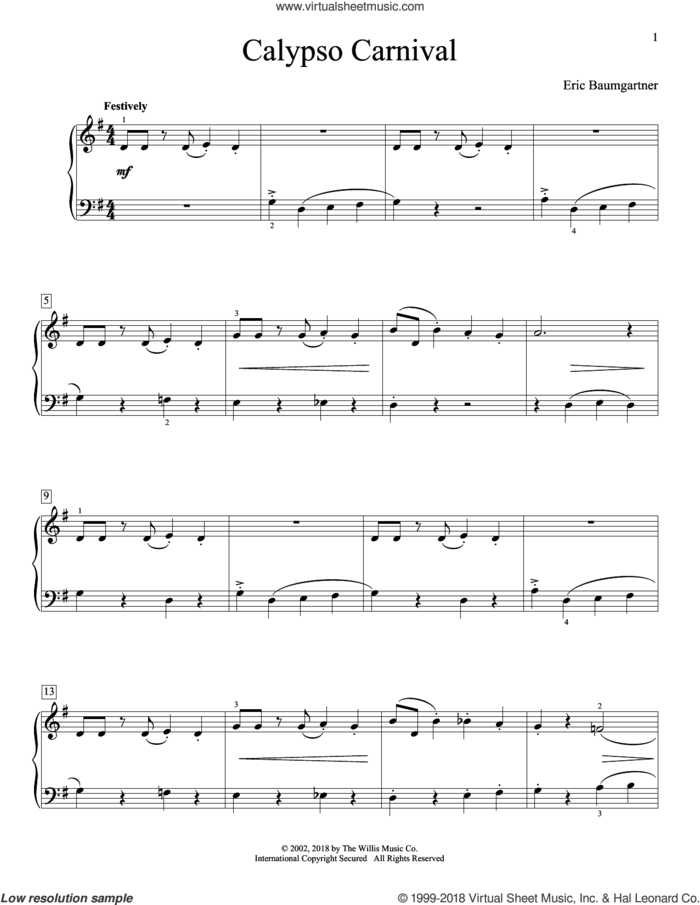 Calypso Carnival sheet music for piano solo (elementary) by Eric Baumgartner, beginner piano (elementary)