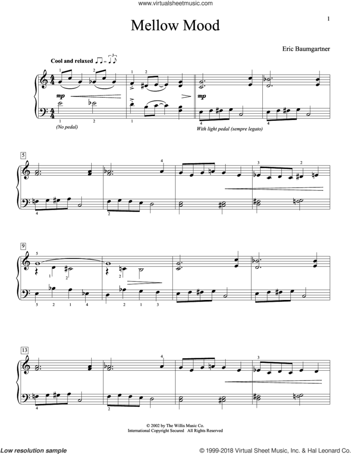 Mellow Mood sheet music for piano solo (elementary) by Eric Baumgartner, beginner piano (elementary)