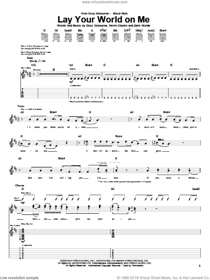 Lay Your World On Me sheet music for guitar (tablature) by Ozzy Osbourne, Kevin Churko and Zakk Wylde, intermediate skill level