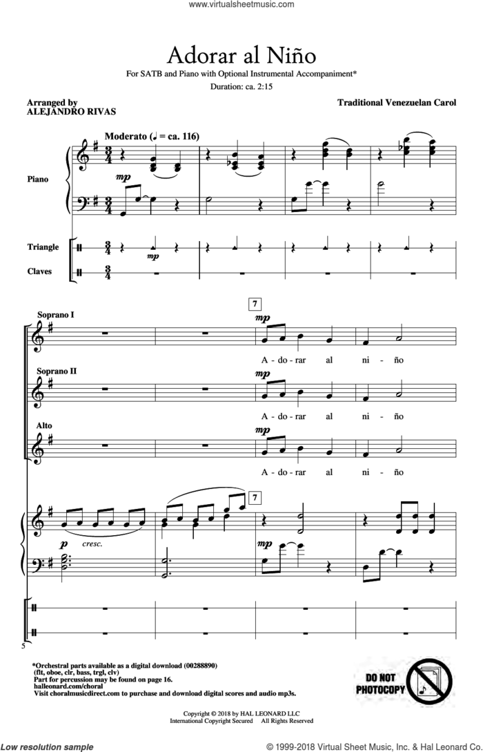 Adorar Al Nino sheet music for choir (SSA: soprano, alto) by Traditional Venezuelan Carol and Alejandro Rivas, intermediate skill level