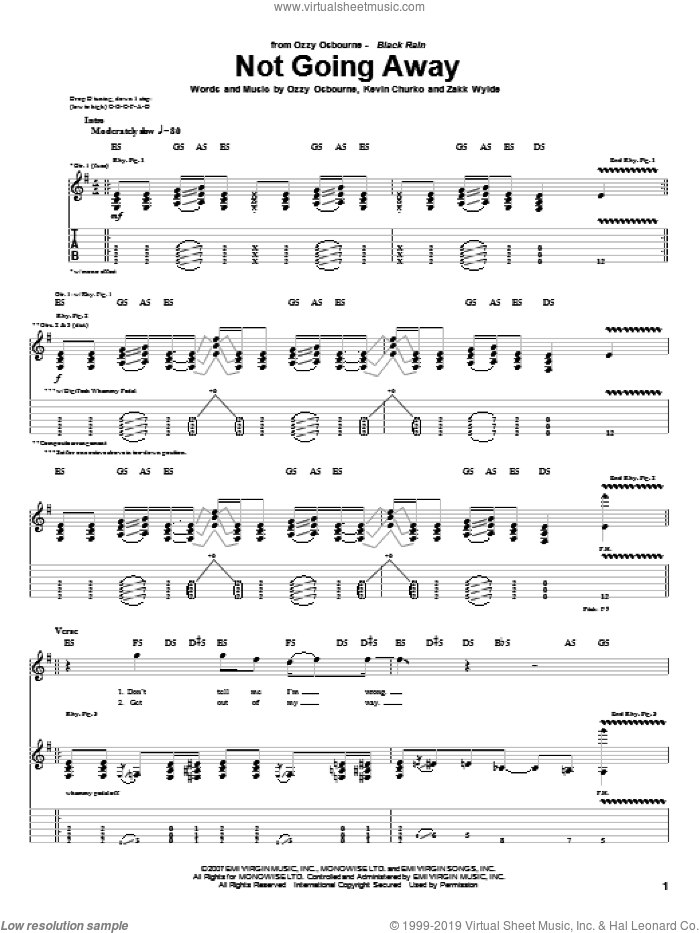 Not Going Away sheet music for guitar (tablature) by Ozzy Osbourne, Kevin Churko and Zakk Wylde, intermediate skill level