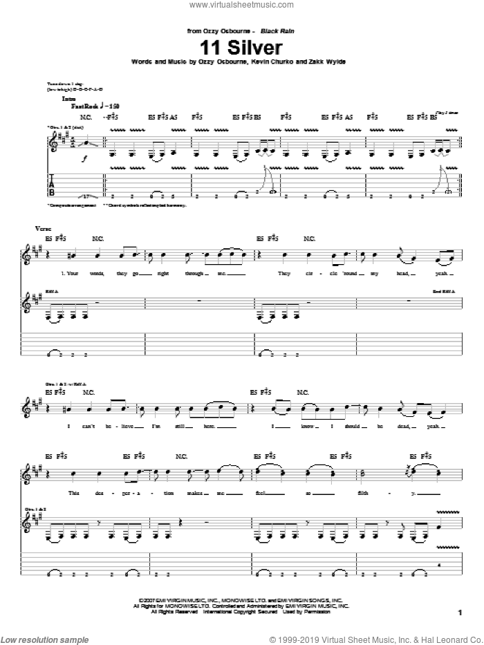 11 Silver sheet music for guitar (tablature) by Ozzy Osbourne, Kevin Churko and Zakk Wylde, intermediate skill level