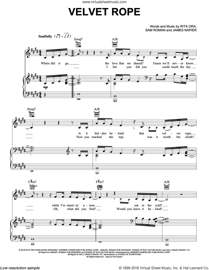 Velvet Rope sheet music for voice, piano or guitar by Rita Ora, James Napier and Sam Roman, intermediate skill level