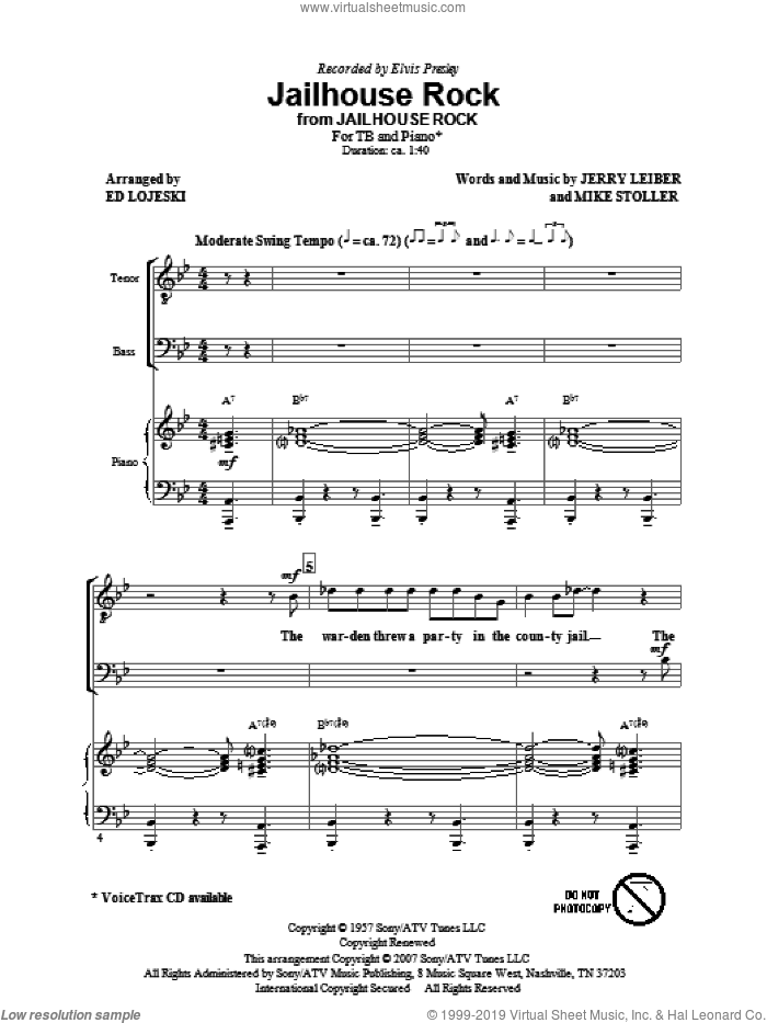 Jailhouse Rock sheet music for choir (TB: tenor, bass) by Mike Stoller, Jerry Leiber, Ed Lojeski and Elvis Presley, intermediate skill level