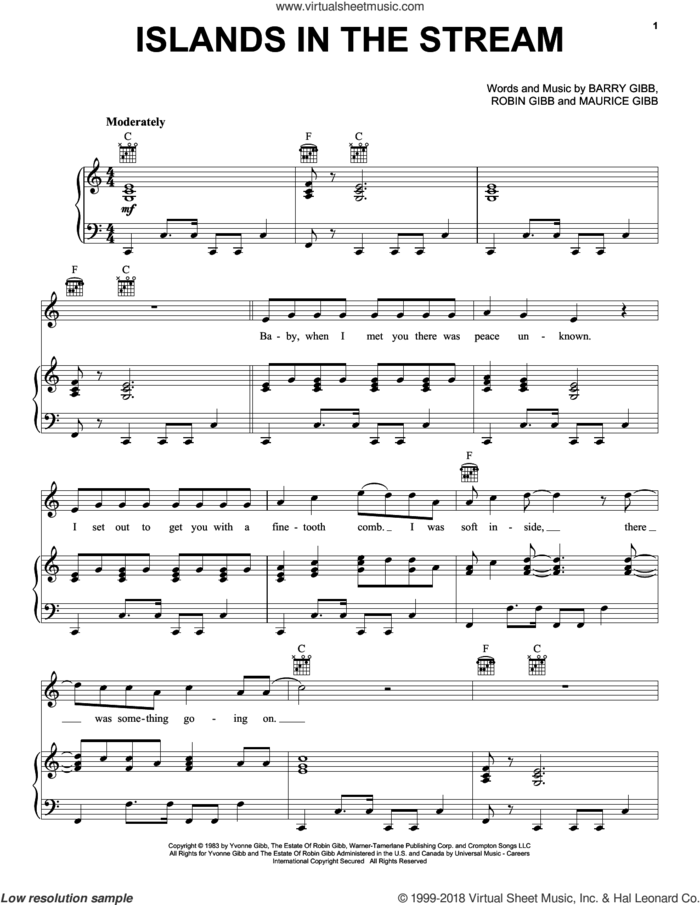 Islands In The Stream sheet music for voice, piano or guitar by Kenny Rogers & Dolly Parton, Barry Gibb, Maurice Gibb and Robin Gibb, intermediate skill level