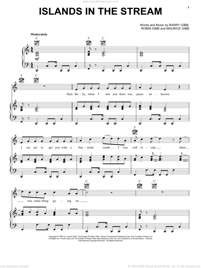 Islands In The Stream sheet music for voice, piano or guitar by Kenny Rogers & Dolly Parton, Barry Gibb, Maurice Gibb and Robin Gibb, intermediate skill level